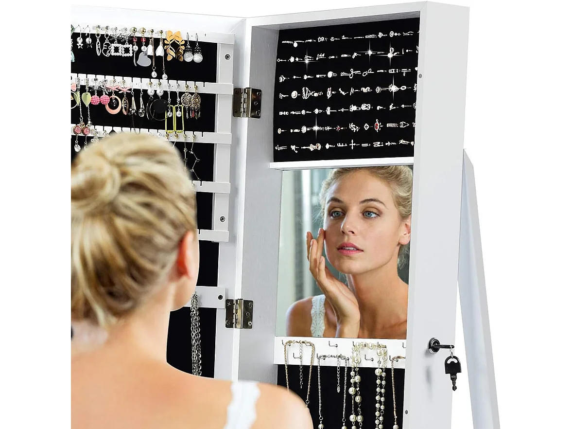 Armoire à Bijoux sur Pieds, Miroir HD Pleine Longueur et Miroir de Maquillage Intégré, avec 91 Fentes pour Bagues 30 Crochets Collier, 100 Emplacements Boucle d’Oreilles (Blanc)