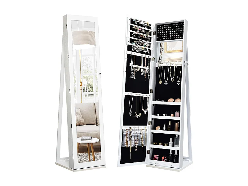 Armoire à Bijoux sur Pieds, Miroir HD Pleine Longueur et Miroir de Maquillage Intégré, avec 91 Fentes pour Bagues 30 Crochets Collier, 100 Emplacements Boucle d’Oreilles (Blanc)