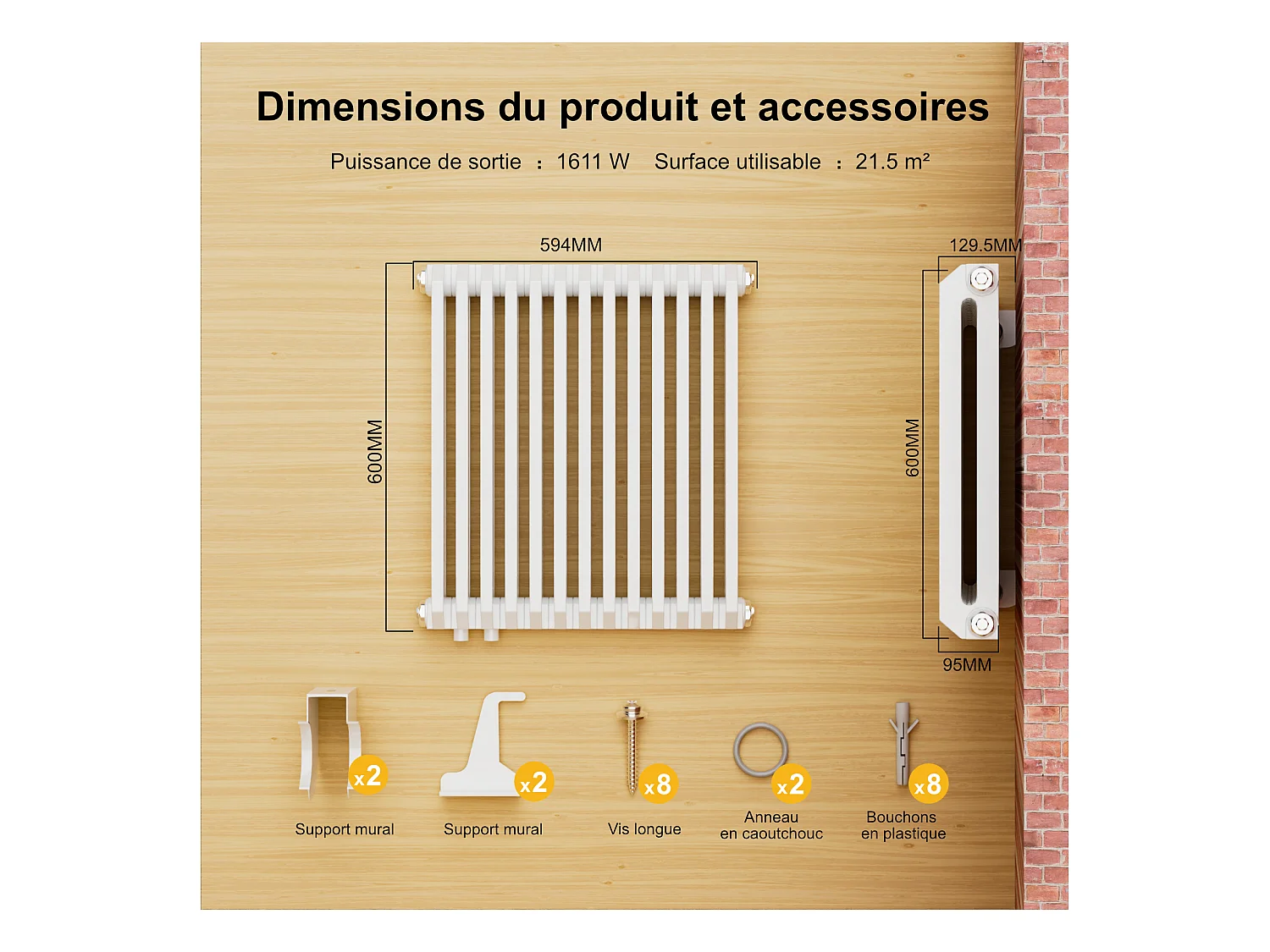 EMKE Radiateur eau chaude horizontal en acier H.60 × L.59,4 cm 969 W Le design Chauffage central blanc