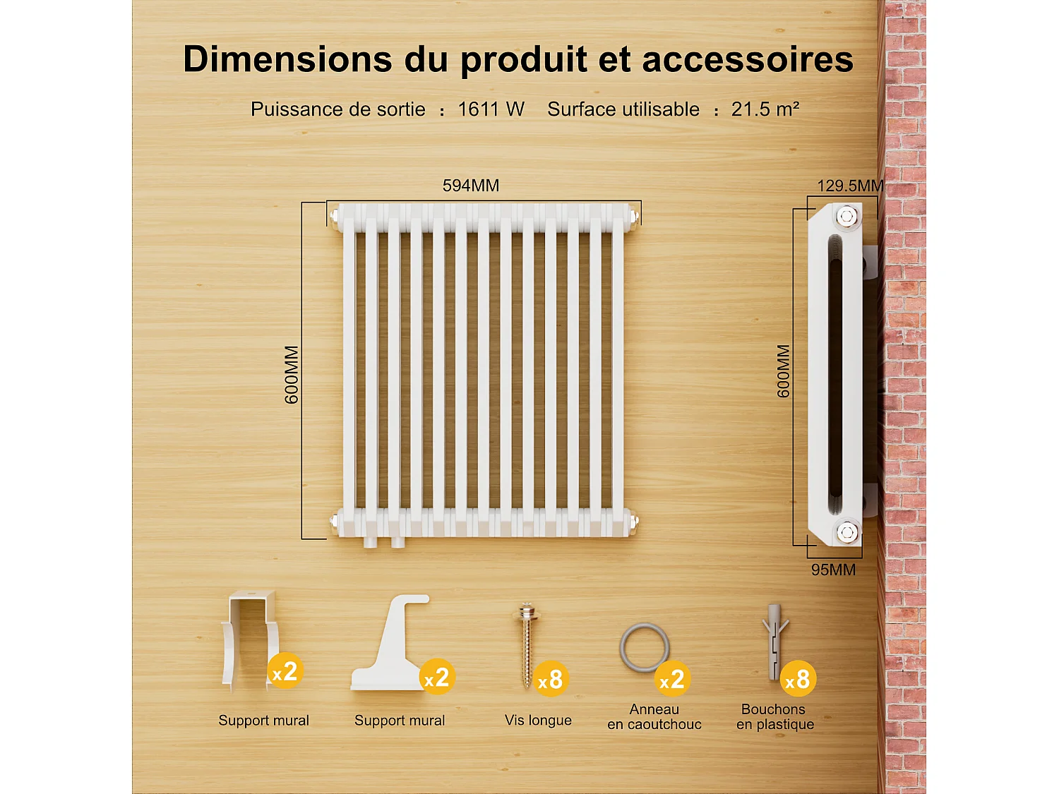 EMKE Radiateur eau chaude horizontal en acier H.60 × L.59,4 cm 969 W Le design Chauffage central blanc