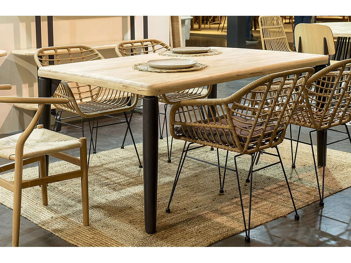 Table à manger, table de repas rectangulaire en bois coloris chêne nordique, pieds en métal noir - Longueur 160 x profondeur 100 x hauteur 76 cm