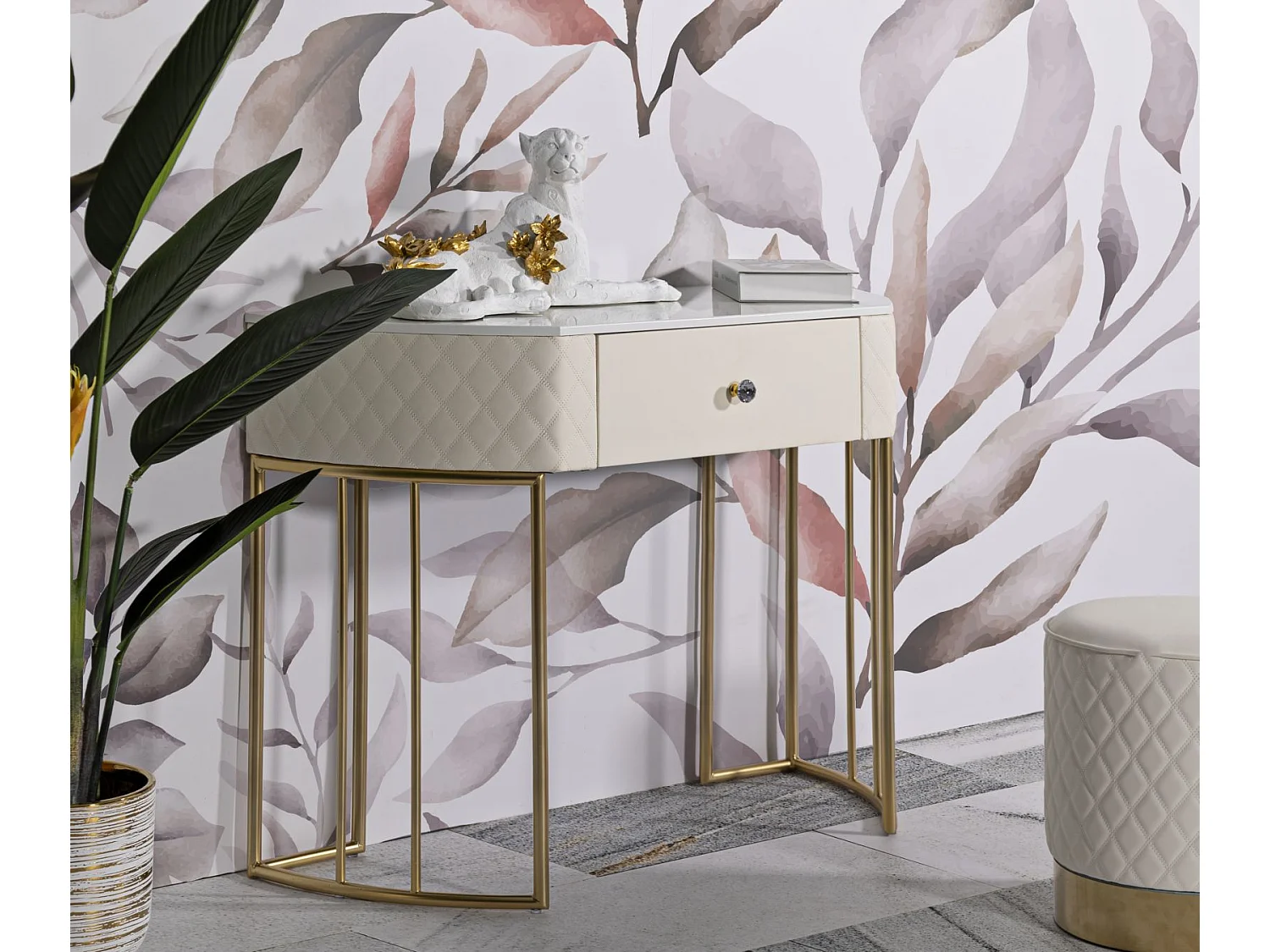 Consolle in metallo dorato e similpelle trapuntata crema cm 100x40x75