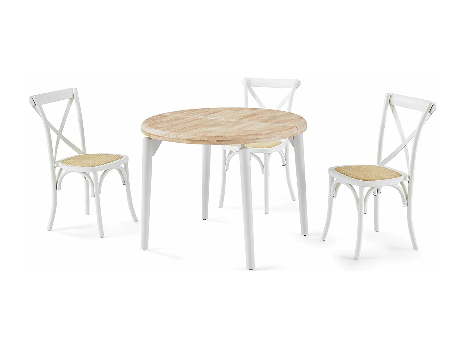 Table à manger, table de repas ronde extensible en bois coloris chêne nordique, pieds en métal blanc - diamètre 100-180 x hauteur 76 cm