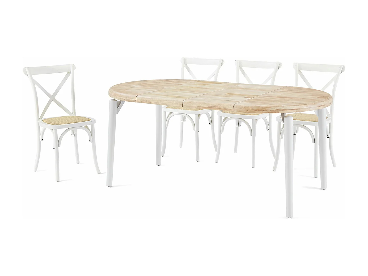 Table à manger, table de repas ronde extensible en bois coloris chêne nordique, pieds en métal blanc - diamètre 100-180 x hauteur 76 cm