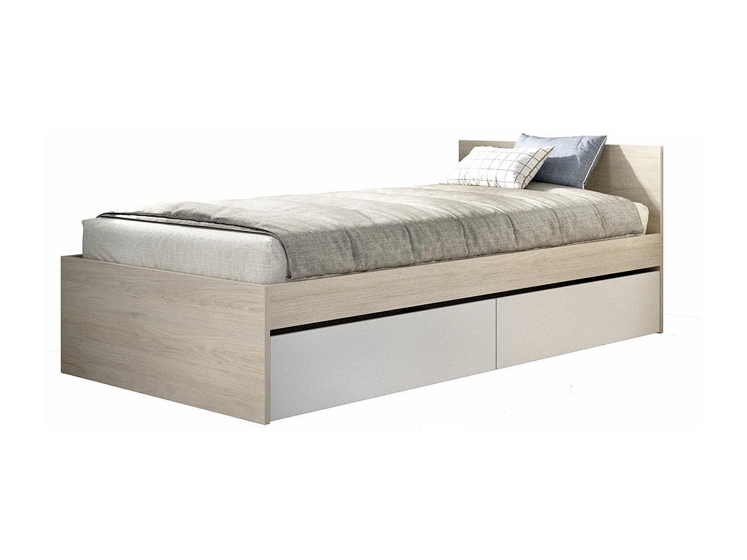 Lit pour enfant couchage 90X190 coloris chêne naturel, blanc avec 2 tiroirs - Longueur 194 x Profondeur 95 x Hauteur 67 cm