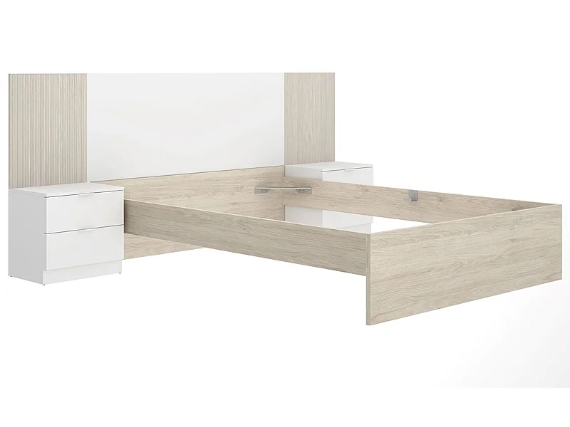 Ensemble de Tête de lit avec 2 tables de chevet de 2 tiroirs et structure de lit, 140x190 cm imitation lamelles, blanc, chêne naturel