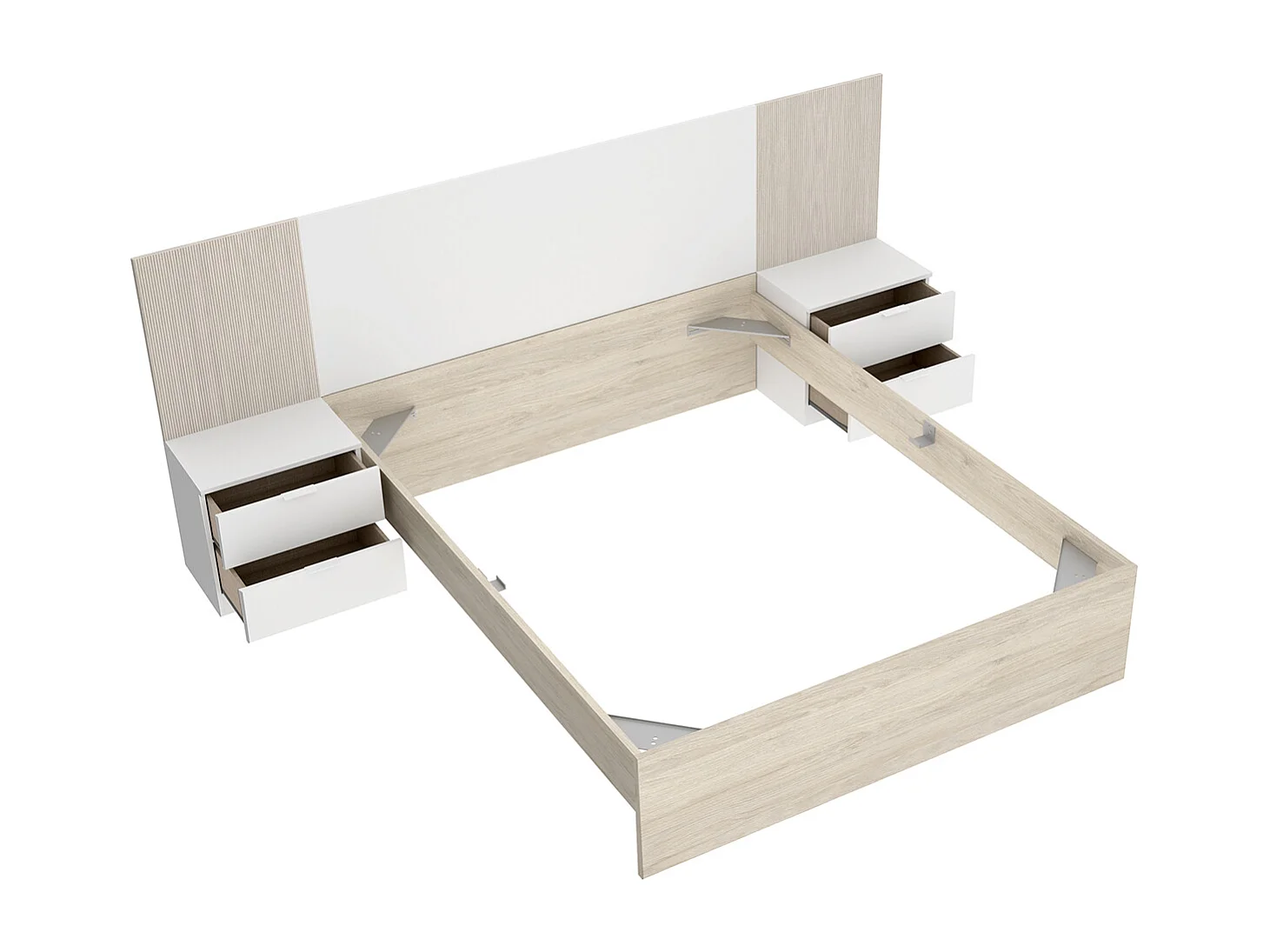 Ensemble de Tête de lit avec 2 tables de chevet de 2 tiroirs et structure de lit, 140x190 cm imitation lamelles, blanc, chêne naturel