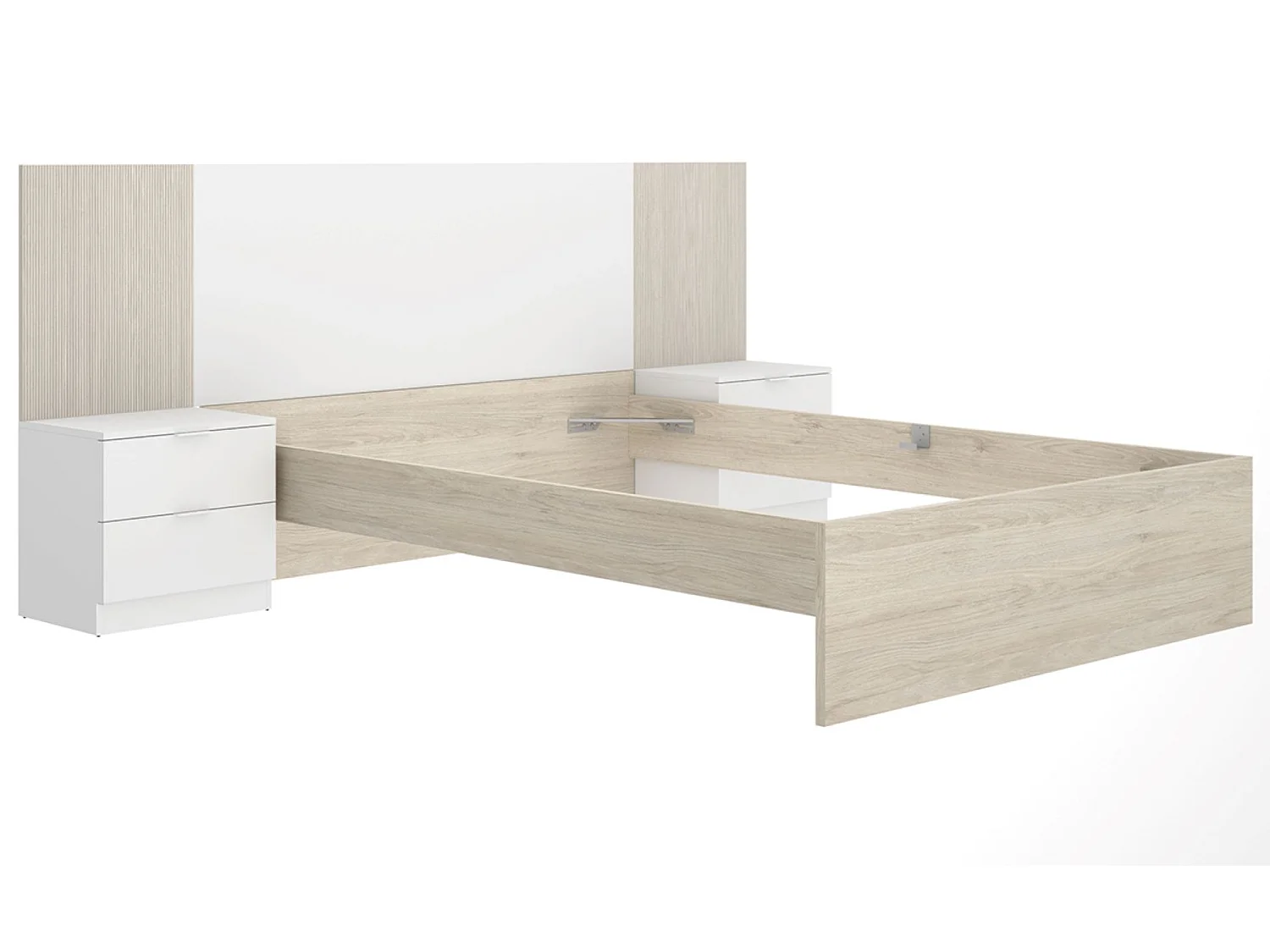 Ensemble de Tête de lit avec 2 tables de chevet de 2 tiroirs et structure de lit, 140x190 cm imitation lamelles, blanc, chêne naturel