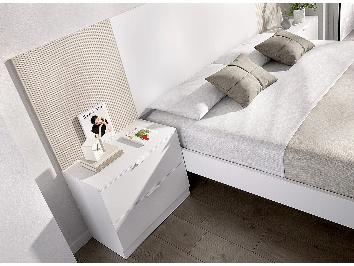 Ensemble de Tête de lit avec 2 tables de chevet de 2 tiroirs et structure de lit, 140x190 cm imitation lamelles, blanc, chêne naturel