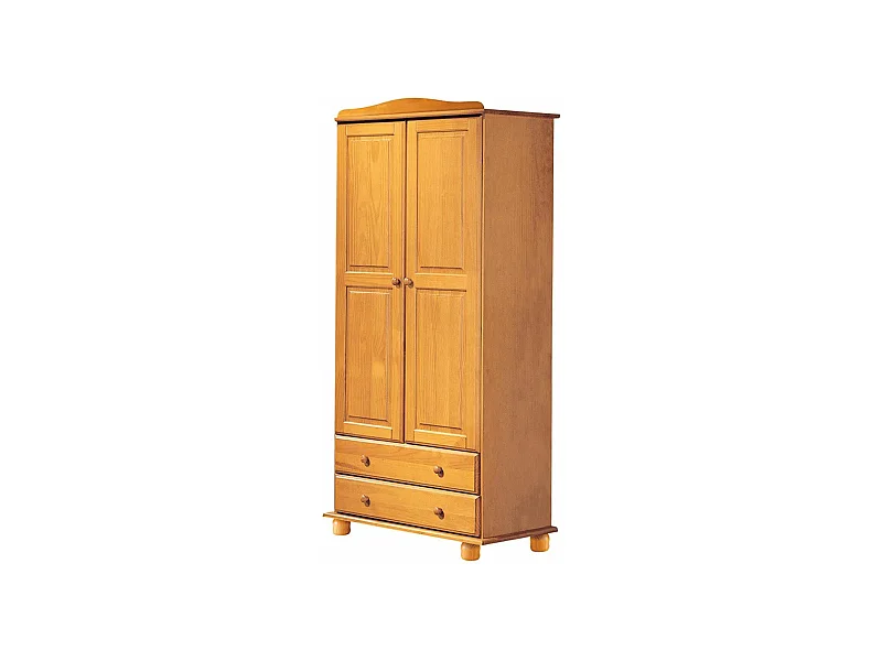 Armoire, meuble de rangement en pin massif coloris miel avec 2 portes et 2 tiroirs - Longueur 90 x Profondeur  52 x Hauteur 197 cm