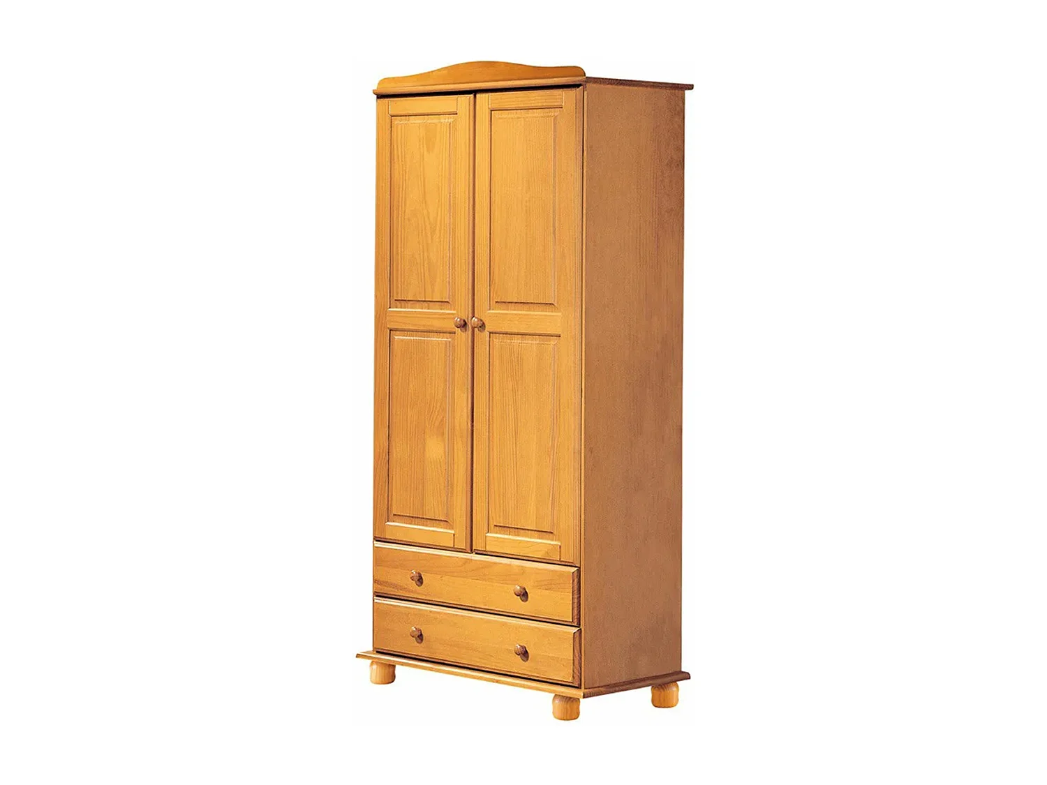 Armoire, meuble de rangement en pin massif coloris miel avec 2 portes et 2 tiroirs - Longueur 90 x Profondeur  52 x Hauteur 197 cm