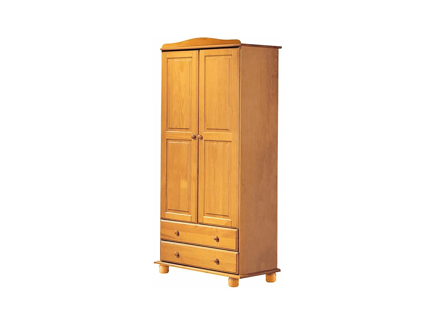 Armoire, meuble de rangement en pin massif coloris miel avec 2 portes et 2 tiroirs - Longueur 90 x Profondeur  52 x Hauteur 197 cm