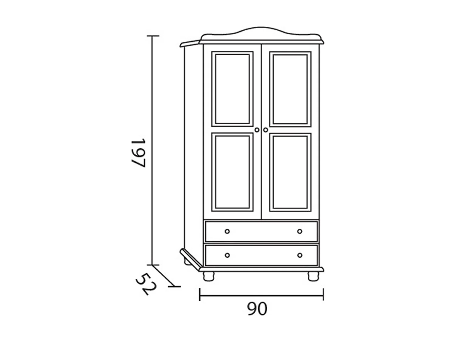 Armoire, meuble de rangement en pin massif coloris miel avec 2 portes et 2 tiroirs - Longueur 90 x Profondeur  52 x Hauteur 197 cm