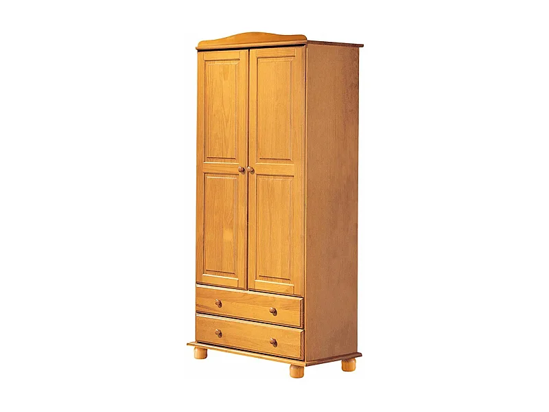 Armoire, meuble de rangement en pin massif coloris miel avec 2 portes et 2 tiroirs - Longueur 90 x Profondeur  52 x Hauteur 197 cm