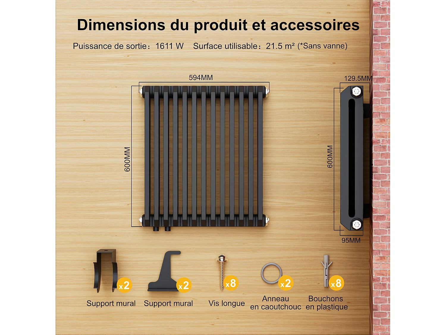 EMKE Radiateur eau chaude horizontal en acier H.60 × L.59,4 cm 969 W Le design Chauffage central anthracite