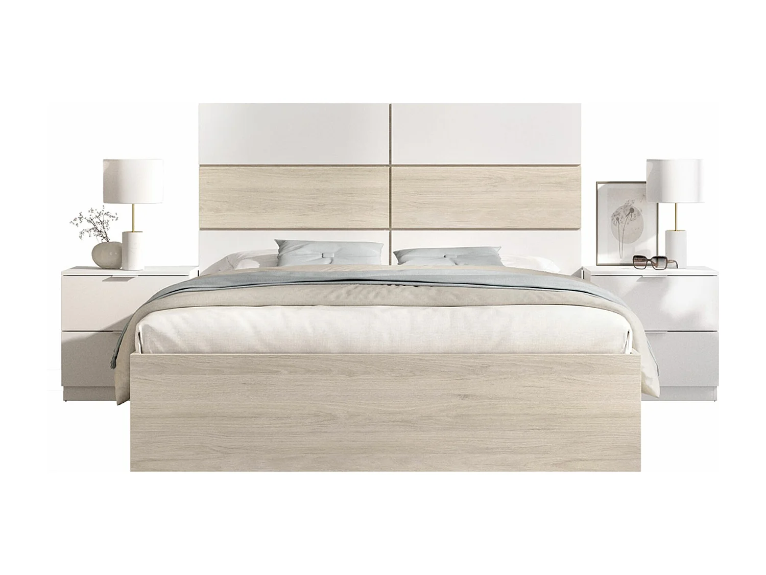 Tête de lit avec 2 tables de chevet , Structure de lit 140x190 cm chêne naturel, blanc-longueur 258 x profondeur 195 x hauteur121 cm