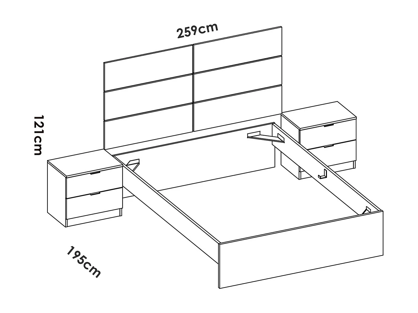 Tête de lit avec 2 tables de chevet , Structure de lit 140x190 cm chêne naturel, blanc-longueur 258 x profondeur 195 x hauteur121 cm