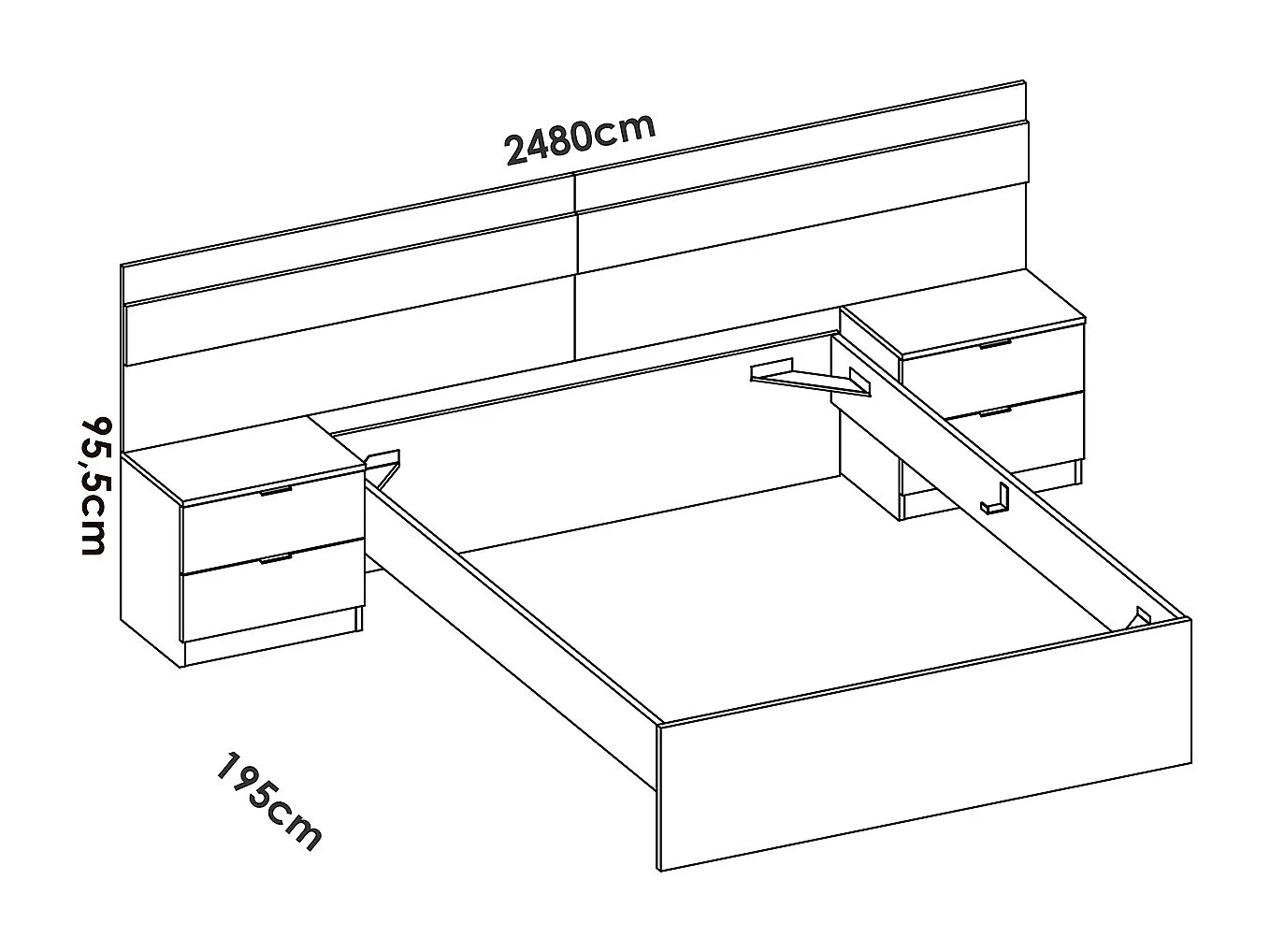 Tête de lit + 2 tables de nuit avec 2 tiroirs + structure de lit  140X190 coloris imitation lamelles , blanc - Longueur 248  x Profondeur 195 x Hauteur 96 cm