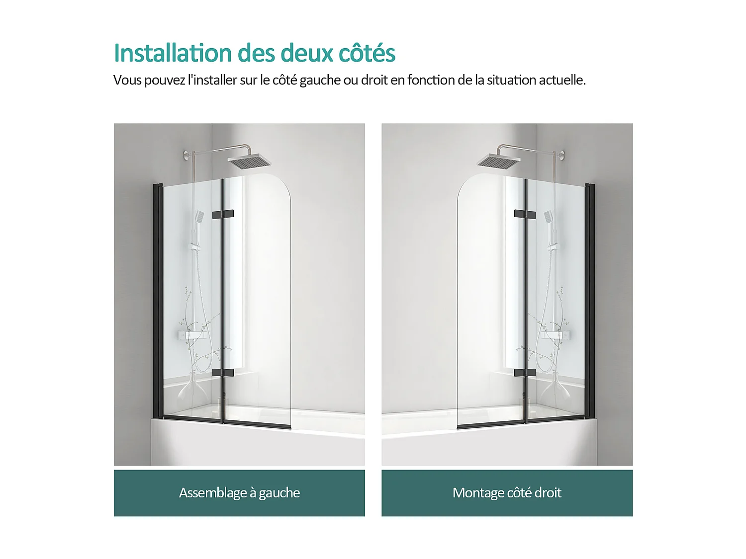 EMKE Pare-baignoire paroi de douche pour baignoire noir mat 2 parties pliable 120x140cm pare-baignoire 6mm NANO GLASS