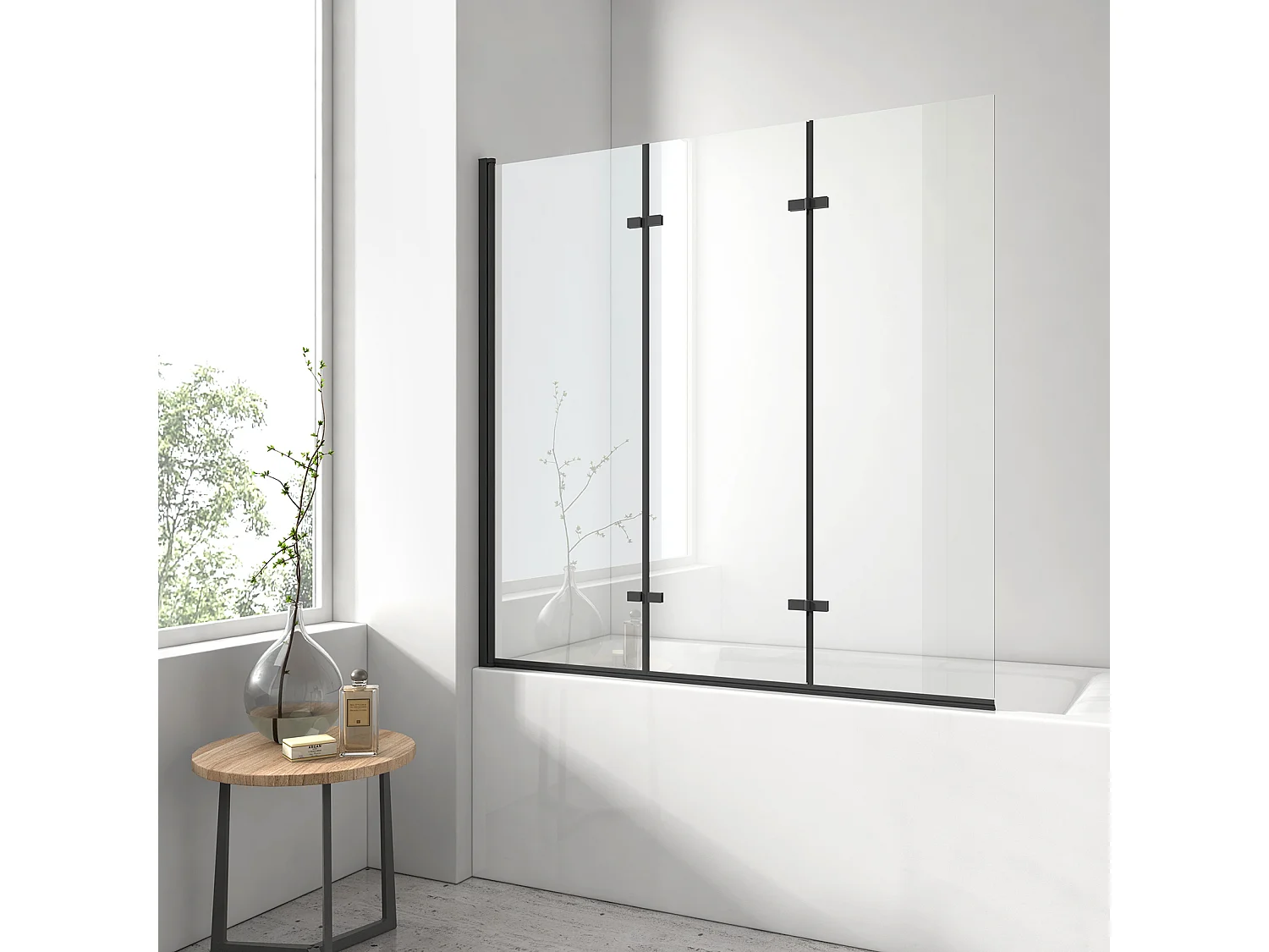 EMKE Badewannen-Duschabtrennung, schwarze matte 3-teilige Faltwand 130x140cm, 6mm NANO GLASS