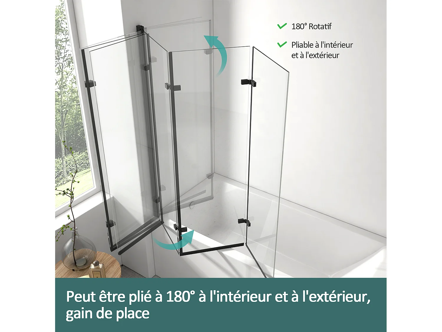 EMKE Pare-baignoire paroi de douche pour baignoire noir mat 3 parties pliable 130x140cm pare-baignoire 6mm NANO GLASS