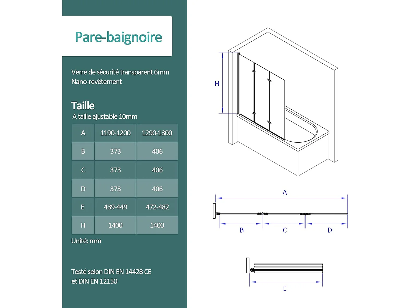 EMKE Pare-baignoire paroi de douche pour baignoire noir mat 3 parties pliable 120x140cm pare-baignoire 6mm NANO GLASS