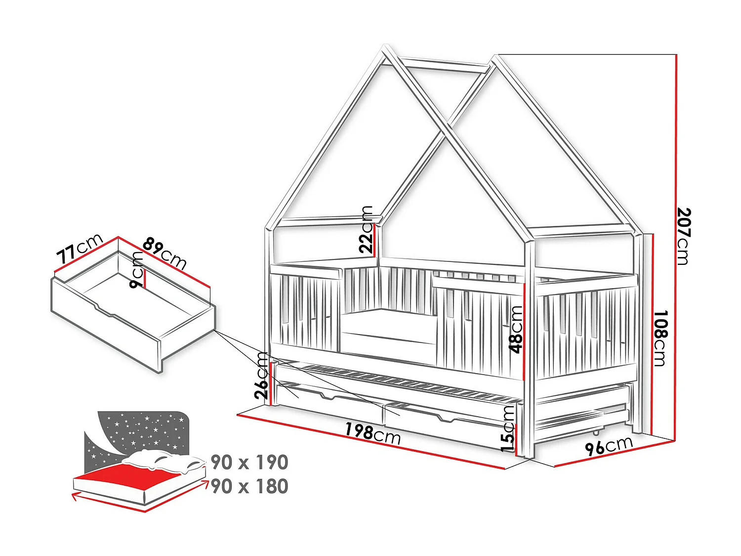 Lit Vista 115, Simple avec un lit gigogne supplémentaire, Blanc, 90x180|90x190, Bois,