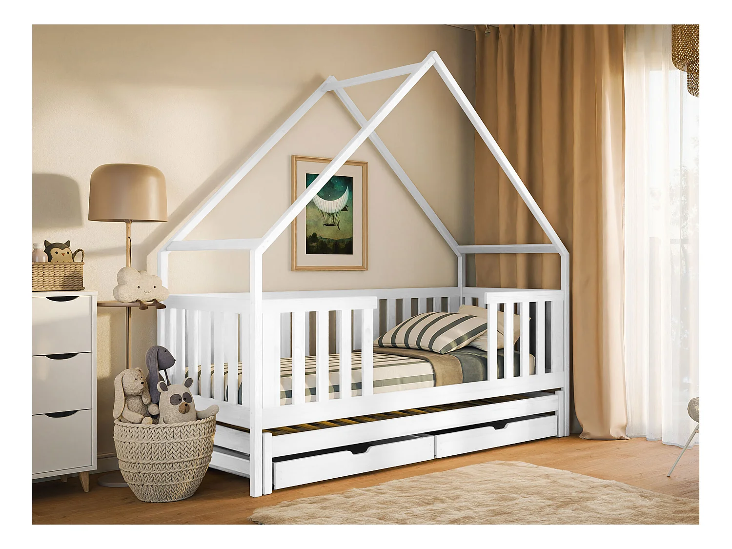 Lit Vista 115, Simple avec un lit gigogne supplémentaire, Blanc, 90x190|90x180, Bois,