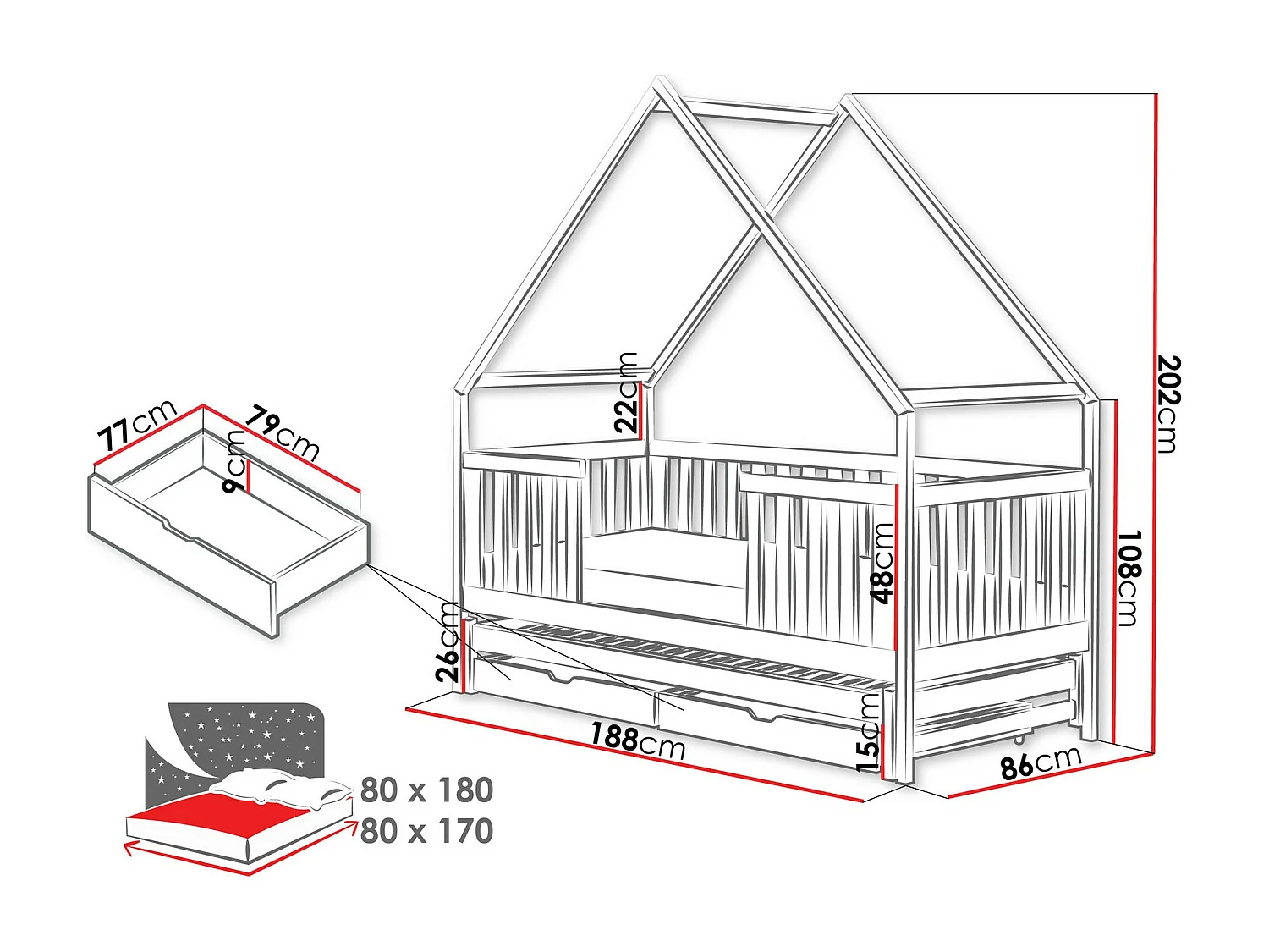 Lit Vista 115, Simple avec un lit gigogne supplémentaire, Blanc, 80x170|80x180, Bois,