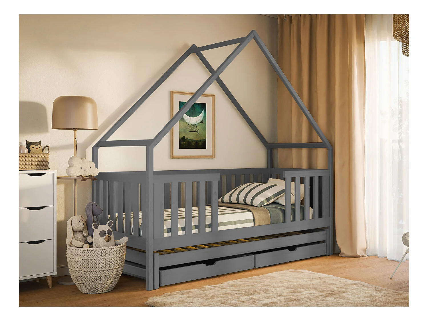 Lit Vista 115, Simple avec un lit gigogne supplémentaire, Gris, 90x180|90x190, Bois, 96cm