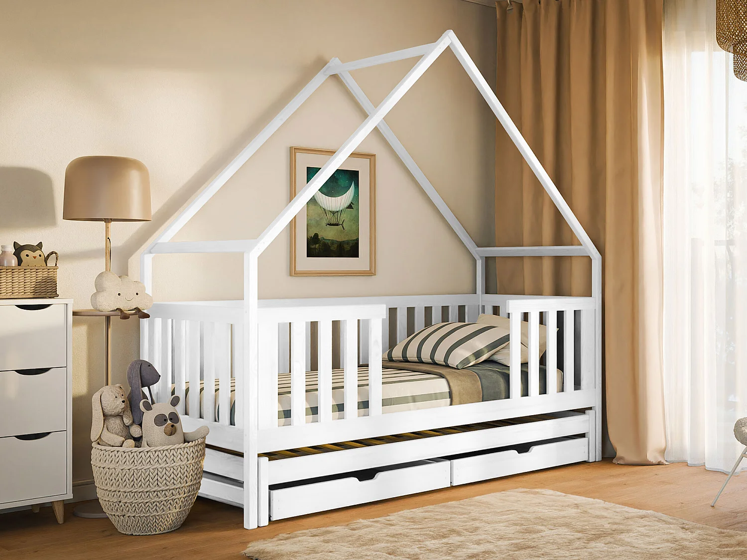 Lit Vista 115, Simple avec un lit gigogne supplémentaire, Blanc, 80x190|80x200, Bois,