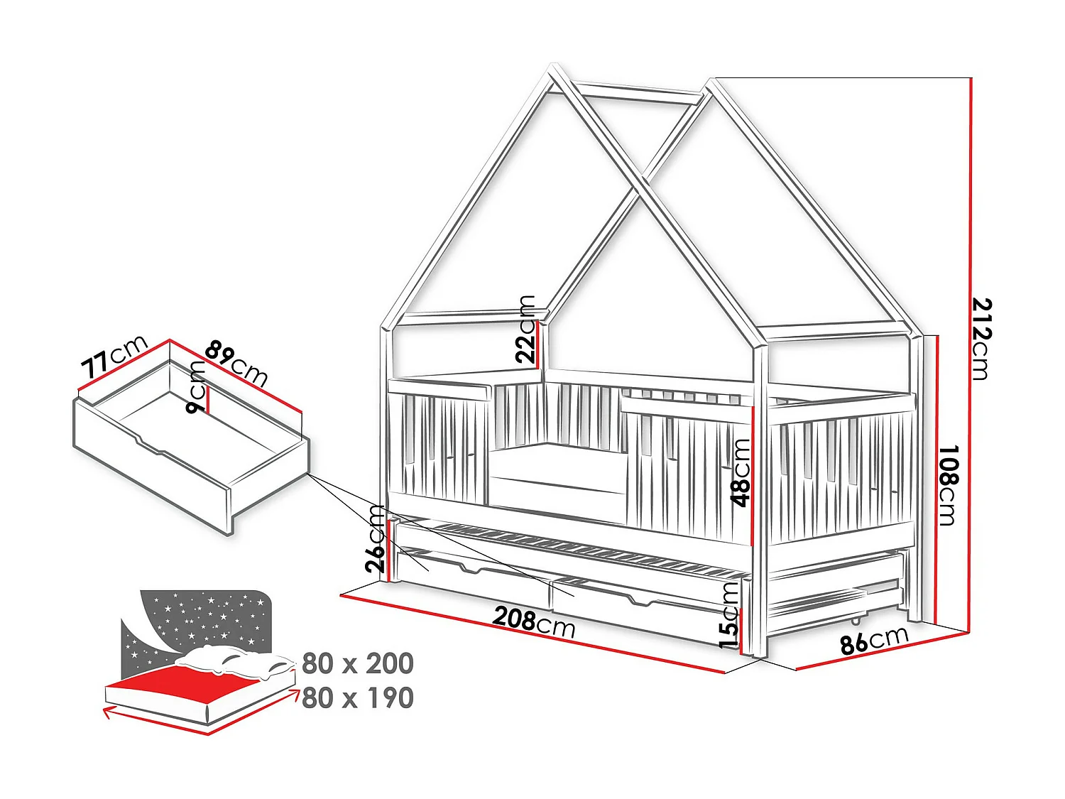 Lit Vista 115, Simple avec un lit gigogne supplémentaire, Blanc, 80x190|80x200, Bois,