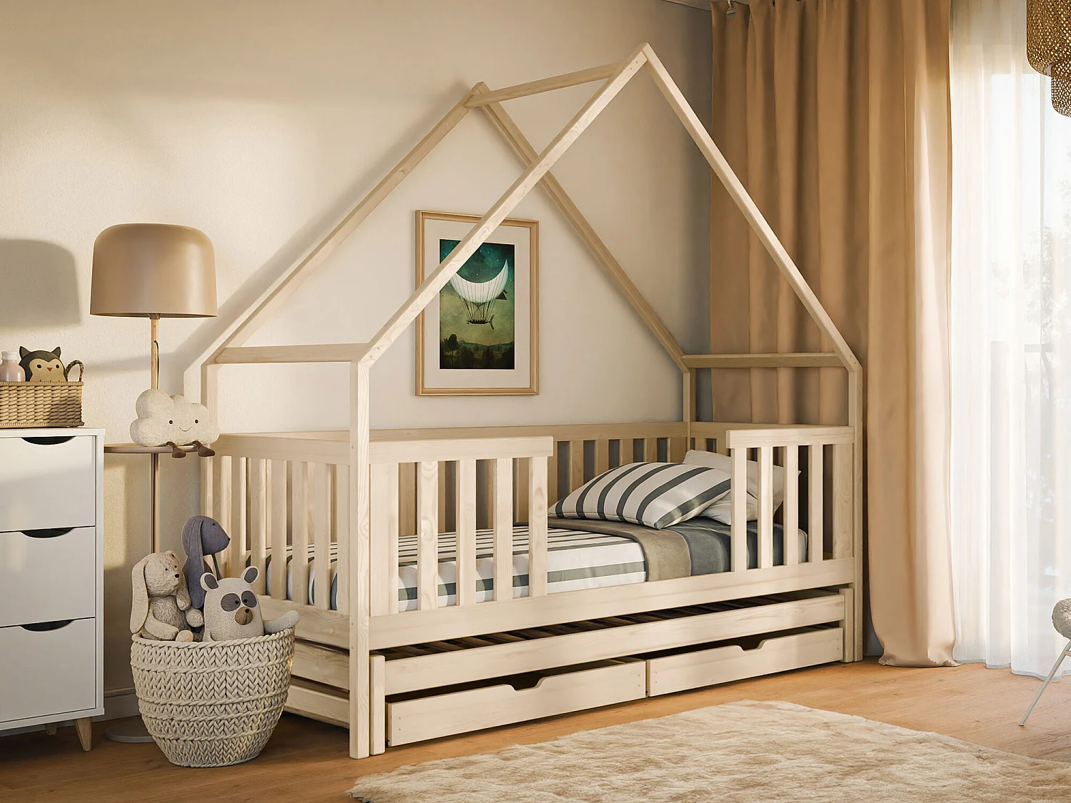 Lit Vista 115, Simple avec un lit gigogne supplémentaire, Brun clair, 80x200|80x190, Bois