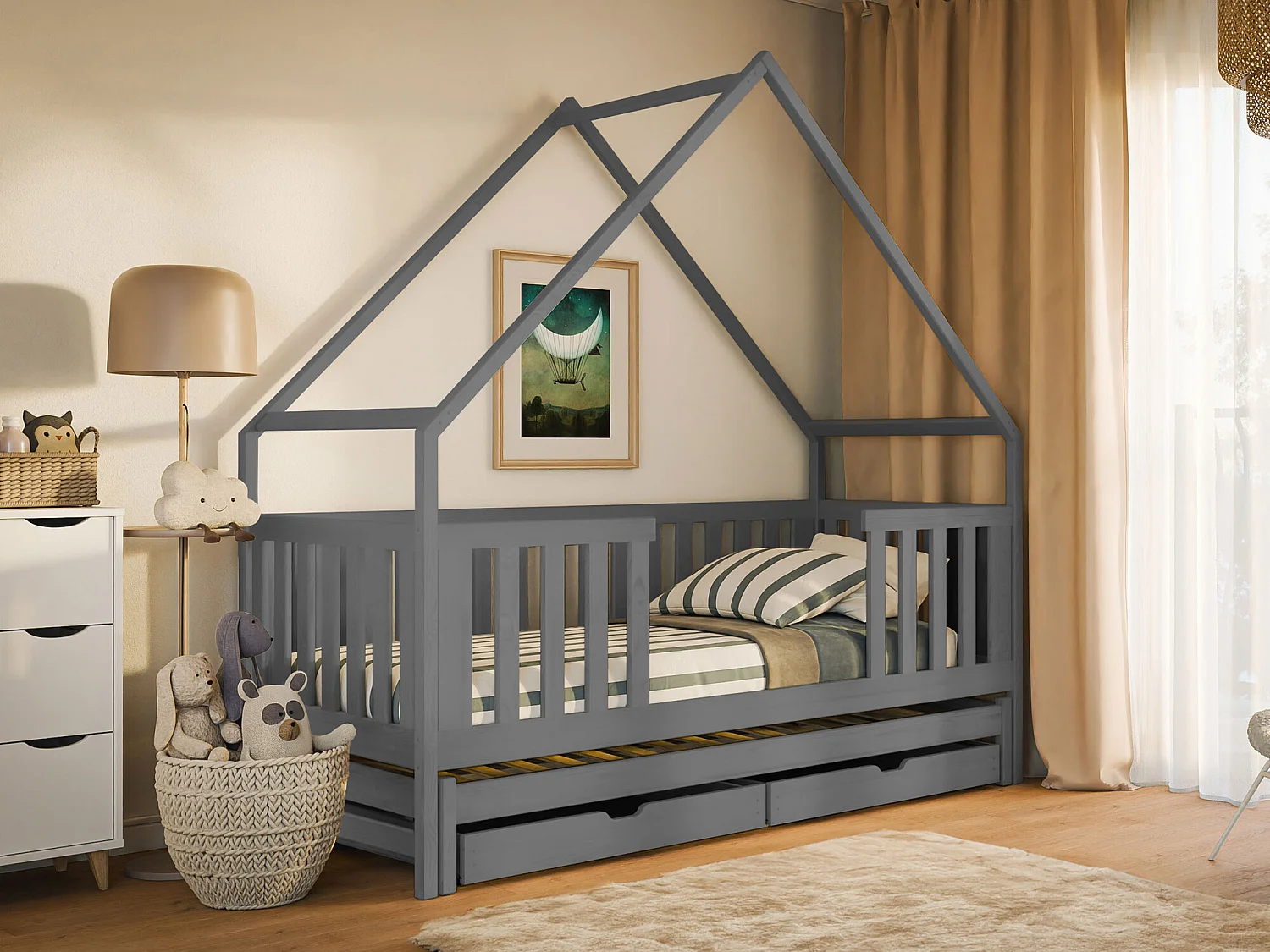 Lit Vista 115, Simple avec un lit gigogne supplémentaire, Gris, 80x190|80x200, Bois, 86cm