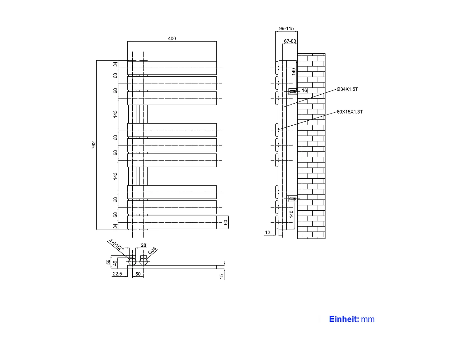 EMKE Sèche-serviettes à Eau Chaude Panneau Plat, Sèche-serviettes connexion latérale pour, Noir 752x400mm 342Watts