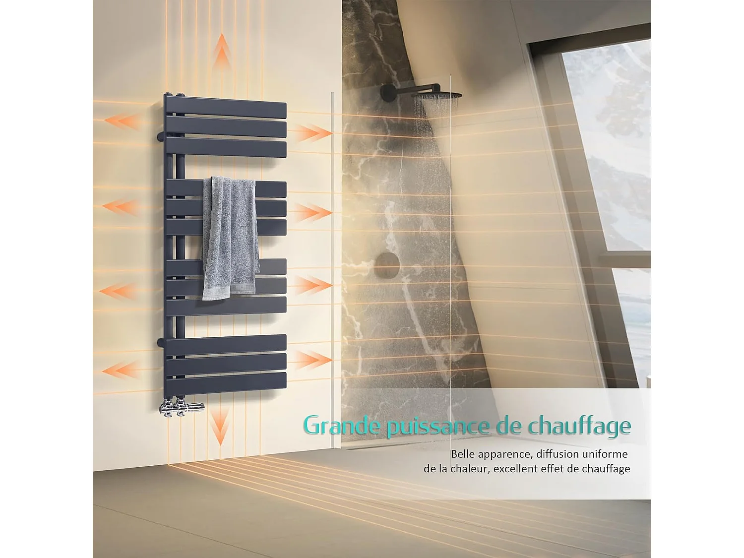EMKE Sèche-serviettes à Eau Chaude Panneau Plat, Sèche-serviettes connexion latérale pour, Noir 752x400mm 342Watts