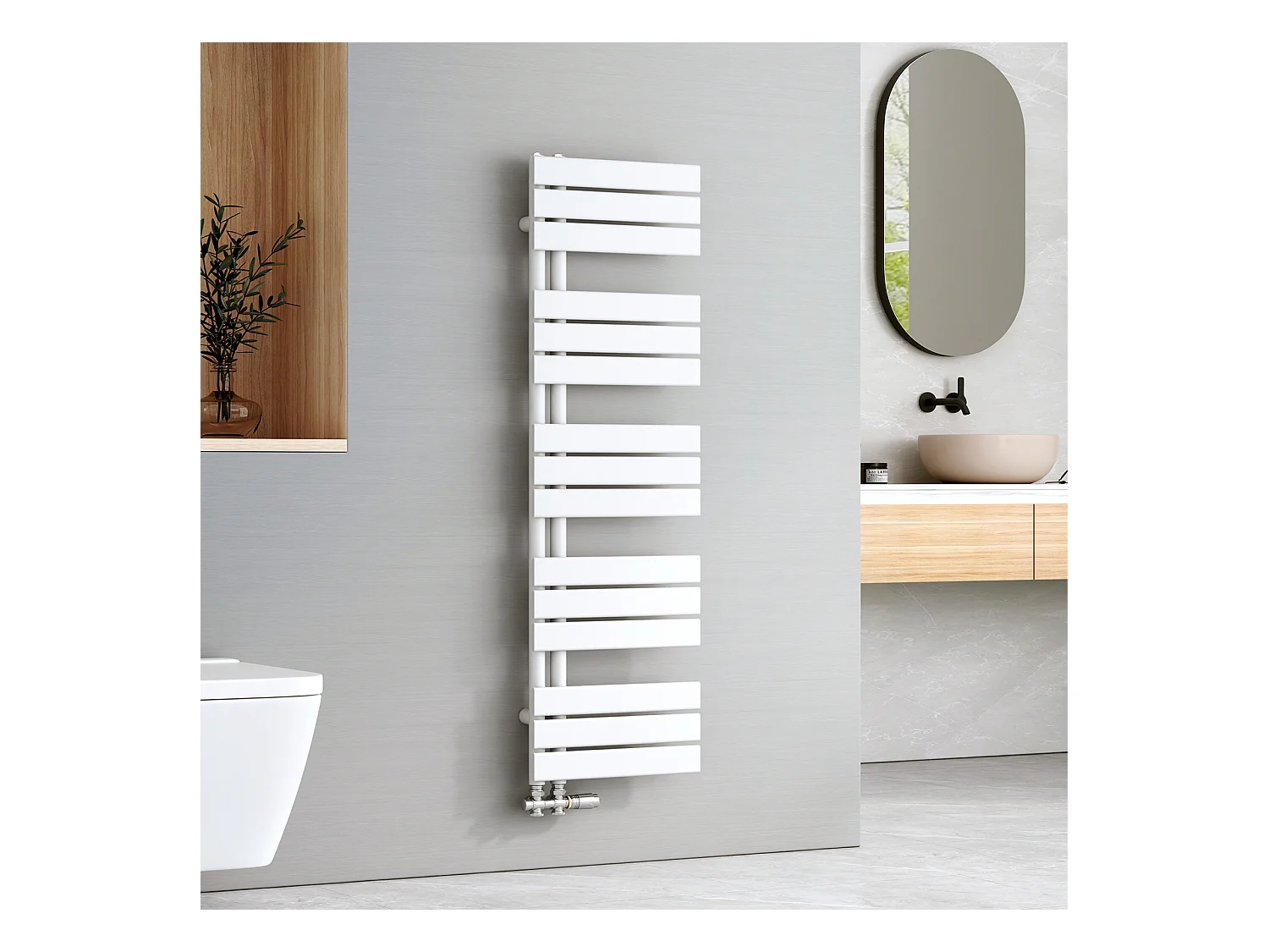 EMKE Sèche-serviettes à Eau Chaude Panneau Plat, Sèche-serviettes connexion latérale pour, Blanc 1320x400mm 570Watts