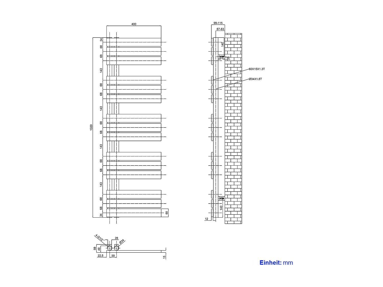 EMKE Handdoekradiator - Plat Design - Glanzend Wit - 132x40 cm - Verwarming Badkamer