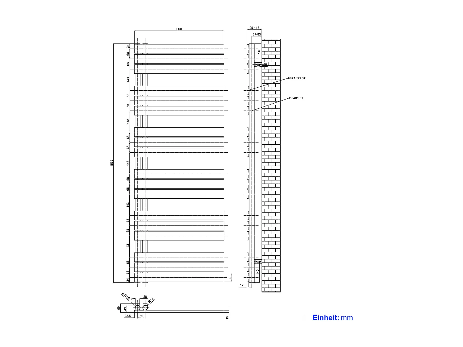 EMKE Handdoekradiator - Plat Design - Mat Zwart - 76x60 cm - Verwarming Badkamer