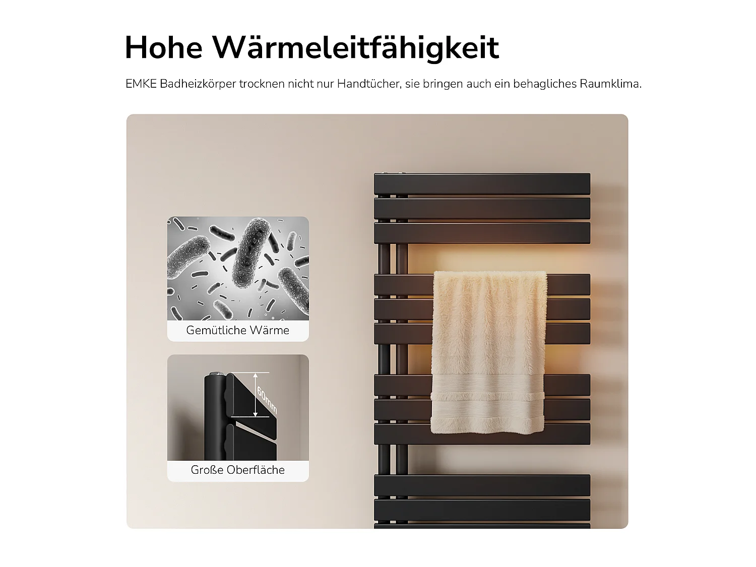 EMKE Hydraulische Handdoekradiator 762x600mm 479 W Zwart Badkamerradiator voor Centrale Verwarming Modern Design