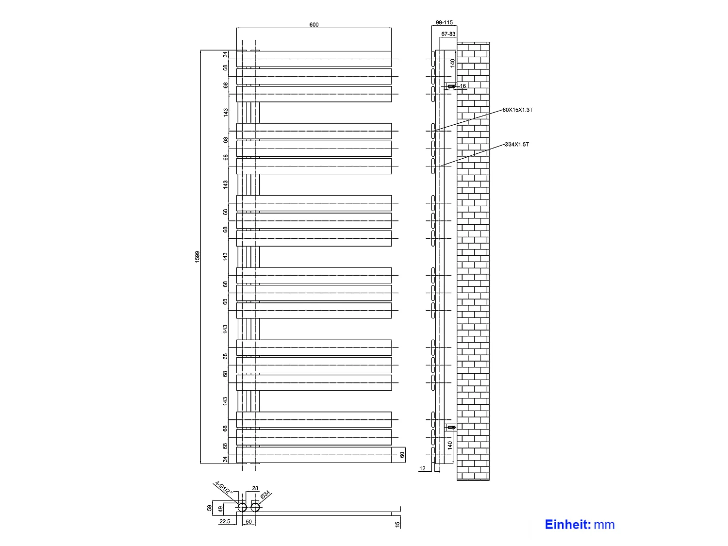 EMKE Hydraulische Handdoekradiator 762x600mm 479 W Zwart Badkamerradiator voor Centrale Verwarming Modern Design
