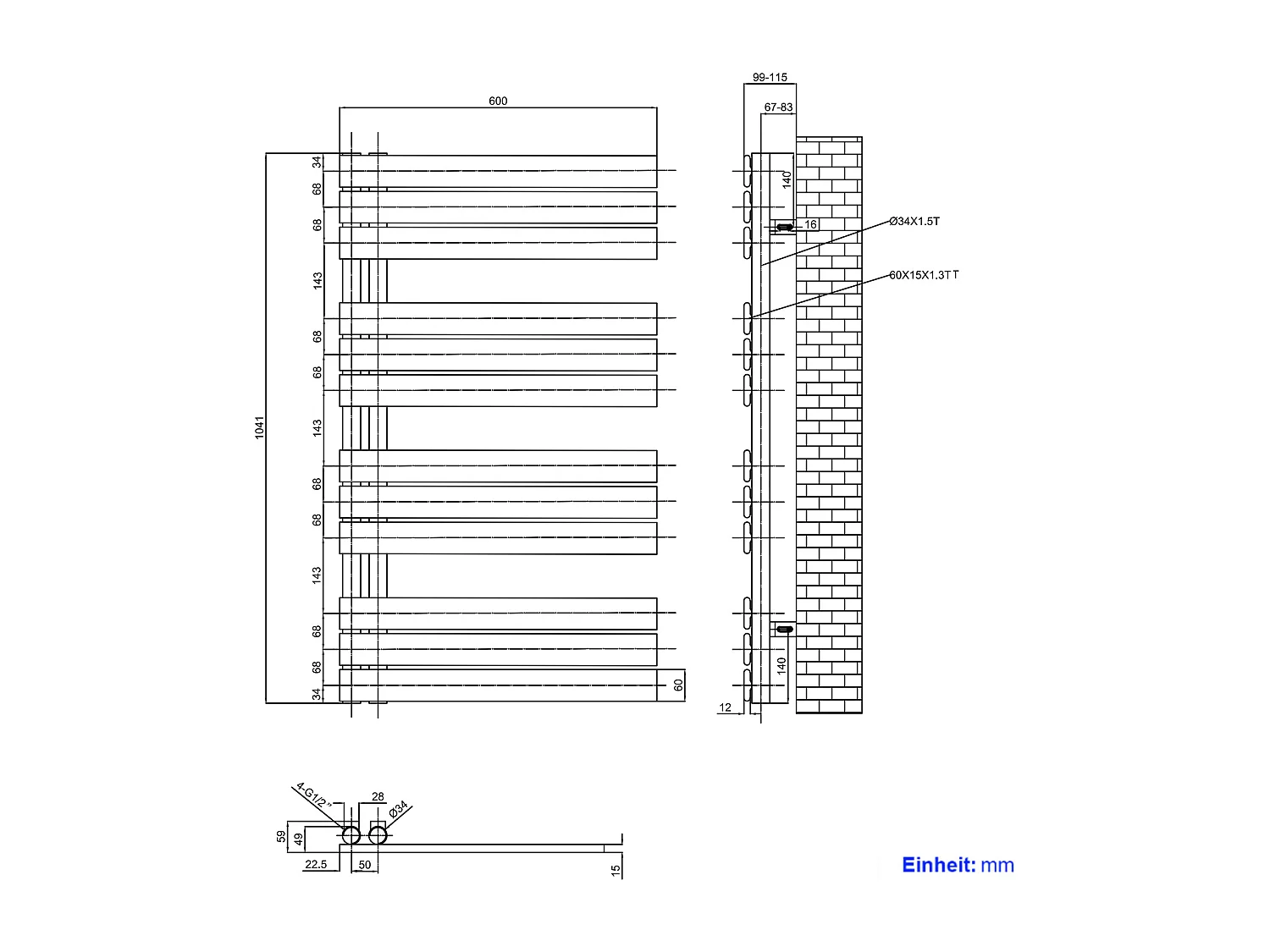 EMKE Sèche-serviettes à Eau Chaude Panneau Plat, Sèche-serviettes connexion latérale pour, Anthracite 1041x600mm 670Watts