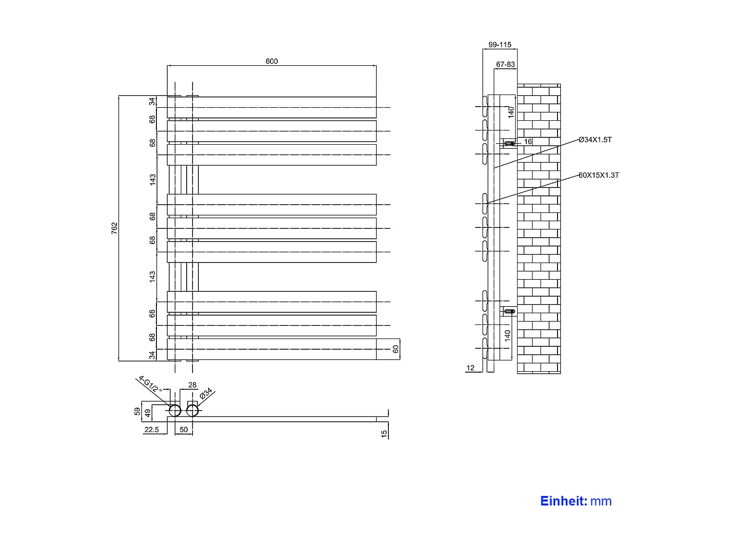 EMKE Handdoekradiator - Plat Design - Mat Antraciet - 76x60 cm - Verwarming Badkamer