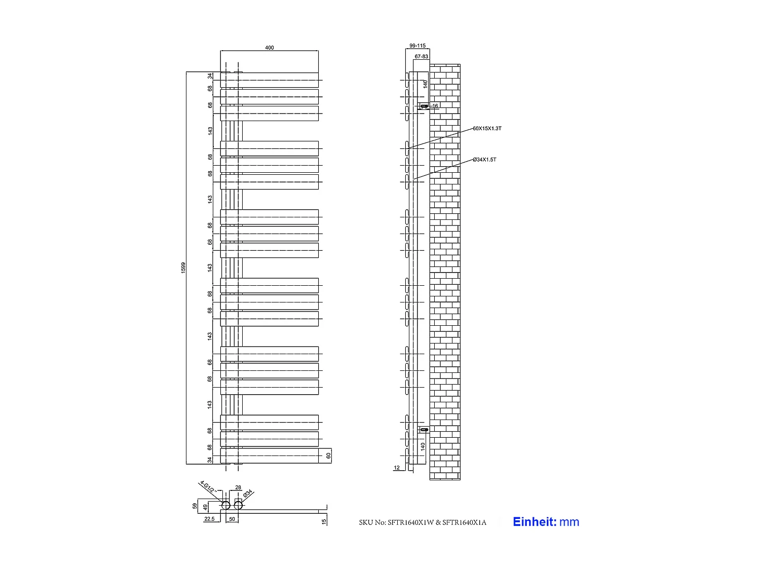 EMKE Handdoekradiator - Plat Design - Mat Antraciet - 160x40 cm - Verwarming Badkamer