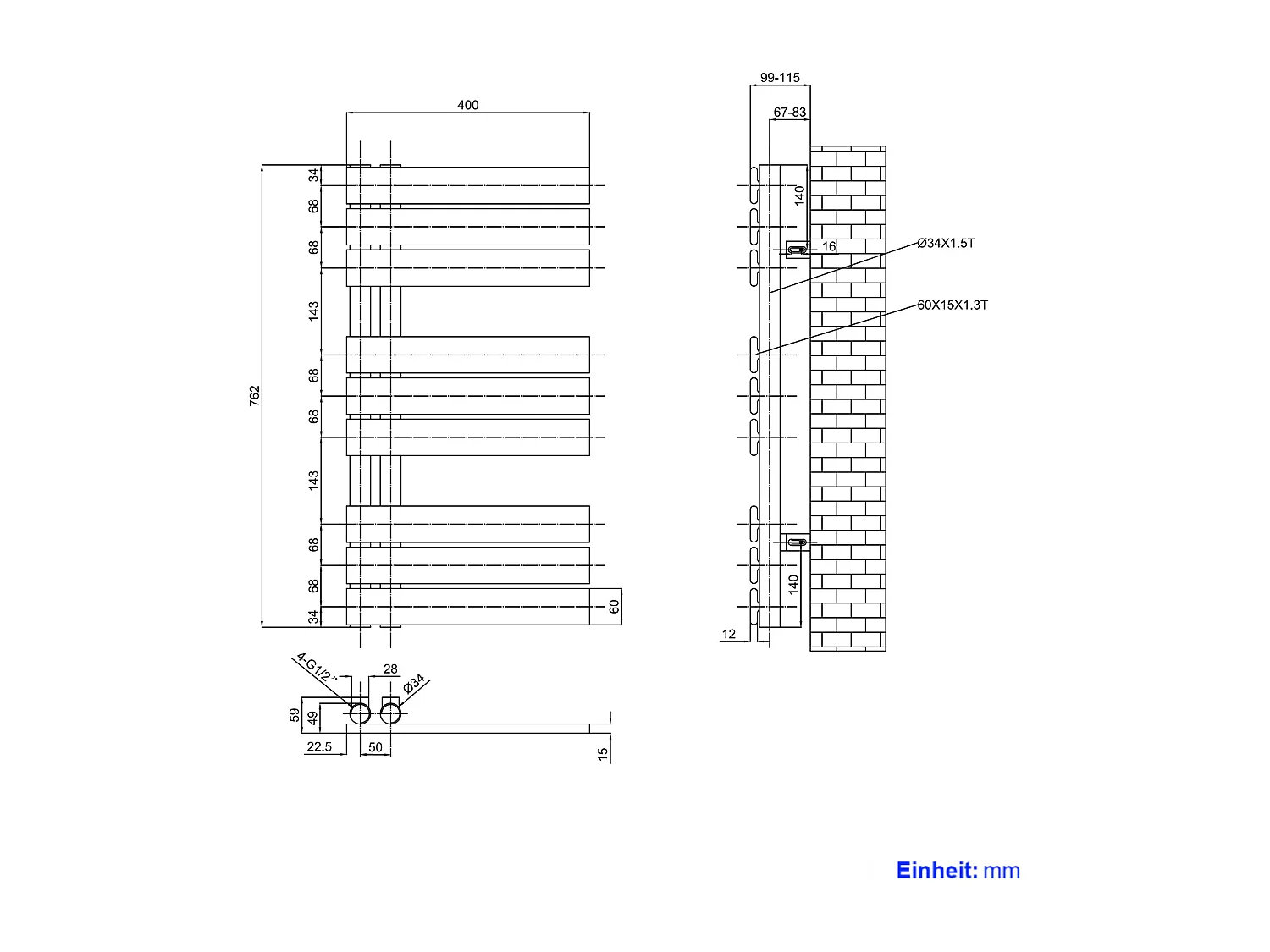 EMKE Sèche-serviettes à Eau Chaude Panneau Plat, Sèche-serviettes connexion latérale pour, Anthracite 762x400mm 360Watts