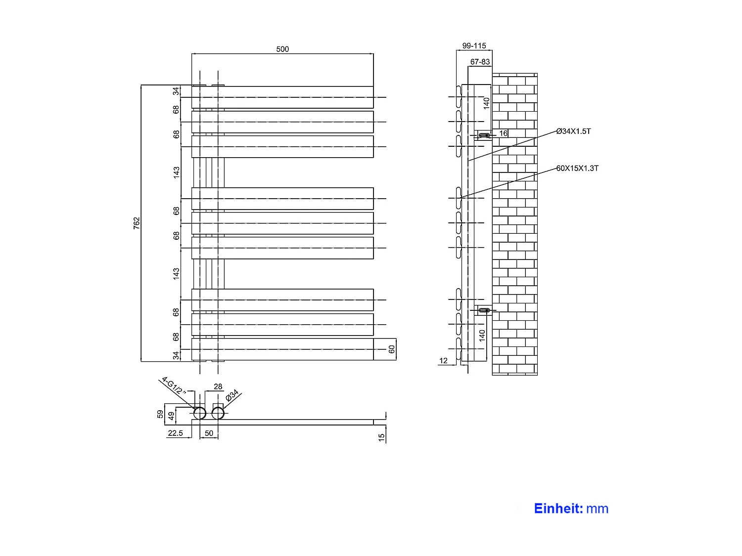 EMKE Sèche-serviettes à Eau Chaude Panneau Plat, Sèche-serviettes connexion latérale pour, Anthracite 762x500mm 416Watts