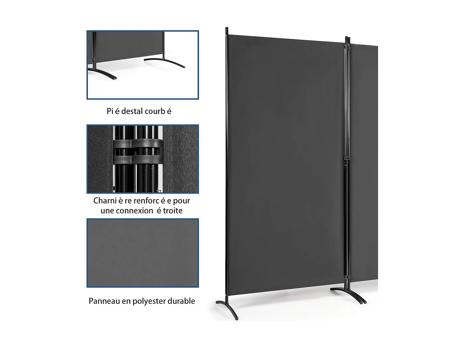 Cloison à 3 Panneaux, Paravent Pliable avec Charnières Résistantes en Acier, Cloison Autoportante, pour Maison, Bureau, Salle de Bain etc, 260x 183cm (Gris foncé)