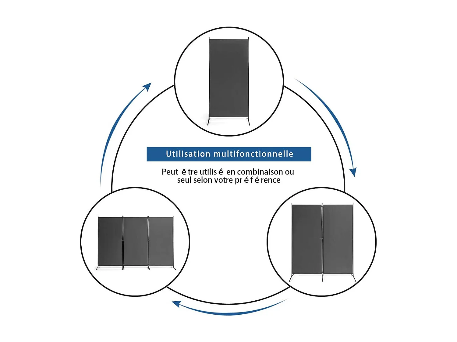 Cloison à 3 Panneaux, Paravent Pliable avec Charnières Résistantes en Acier, Cloison Autoportante, pour Maison, Bureau, Salle de Bain etc, 260x 183cm (Gris foncé)
