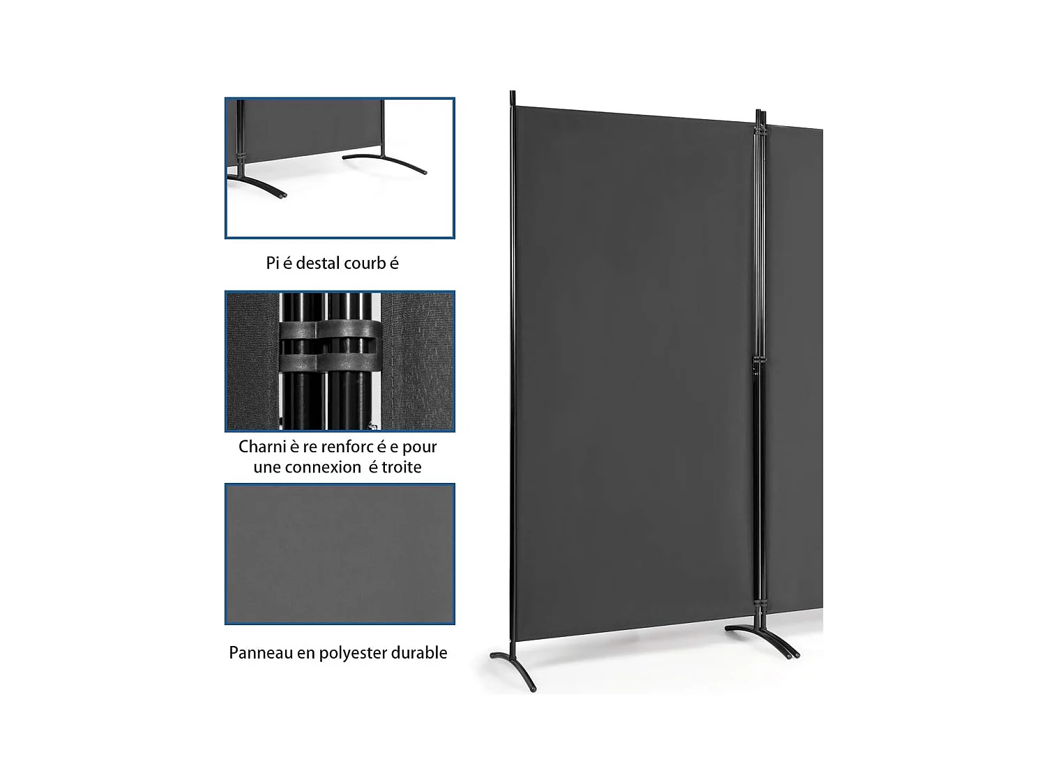 Cloison à 3 Panneaux, Paravent Pliable avec Charnières Résistantes en Acier, Cloison Autoportante, pour Maison, Bureau, Salle de Bain etc, 260x 183cm (Gris foncé)