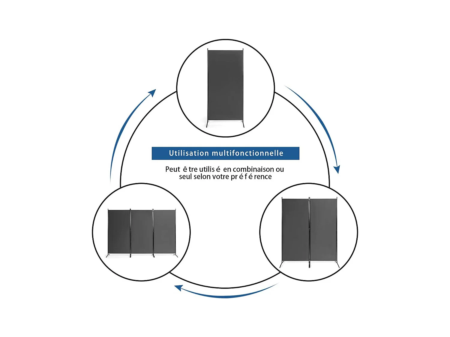 Cloison à 3 Panneaux, Paravent Pliable avec Charnières Résistantes en Acier, Cloison Autoportante, pour Maison, Bureau, Salle de Bain etc, 260x 183cm (Gris foncé)